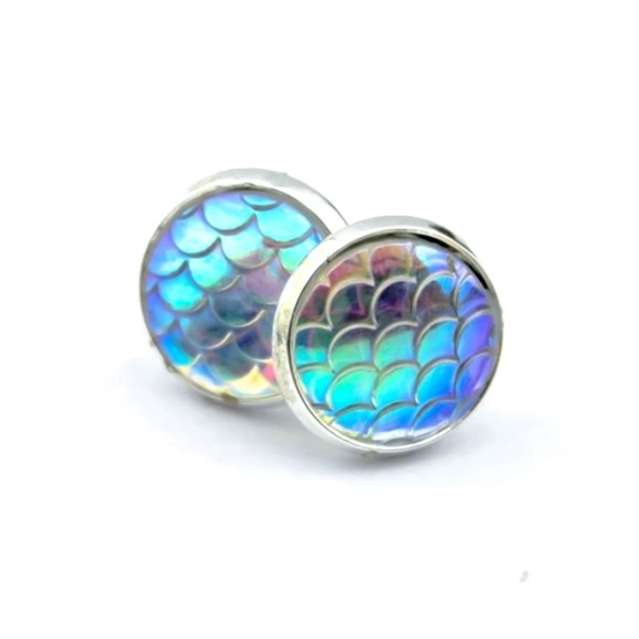 Iridescent Mermaid Button Stud Earrings - Picture 2 of 8